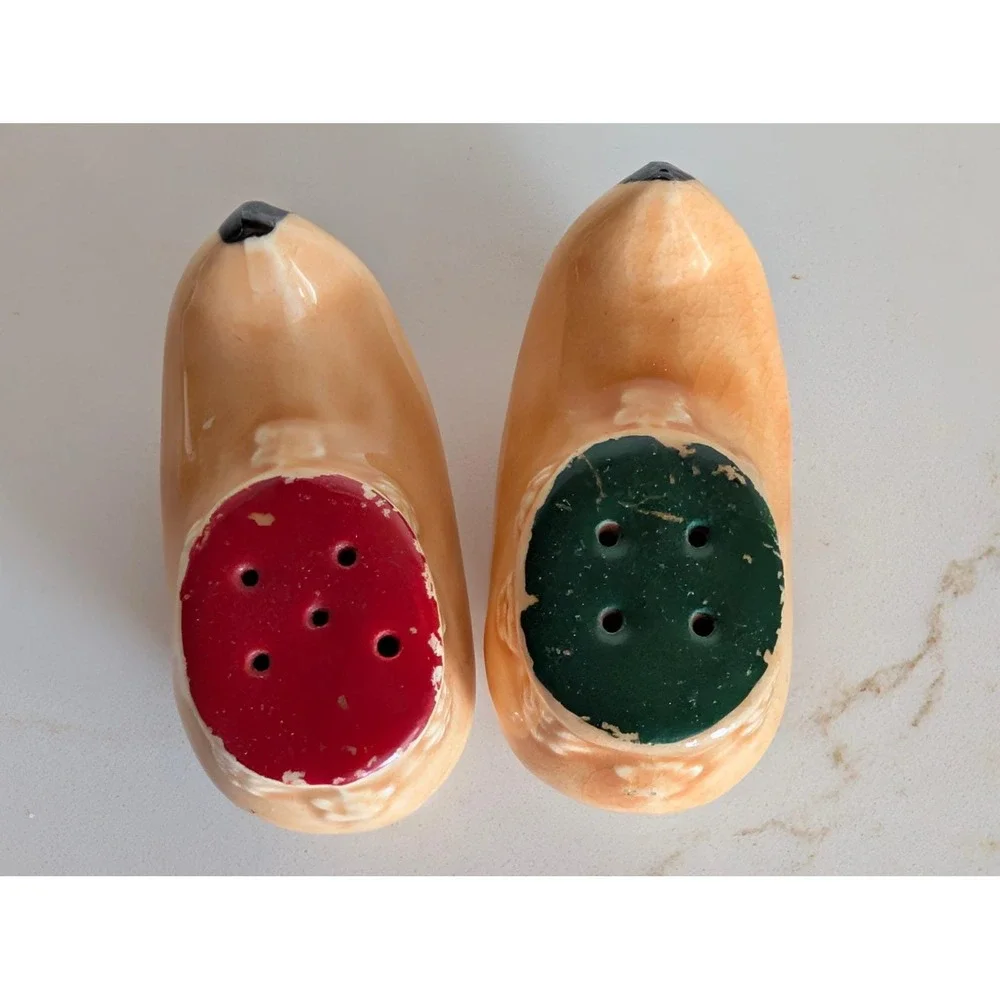 Vintage Dutch Wooden Shoe Salt and Pepper Shakers Ceramic Clogs Tan Red Green